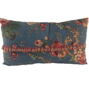 Unbranded Blue Pillow Pink Roses Plaid Ruffle Button Detail 19" X 11"